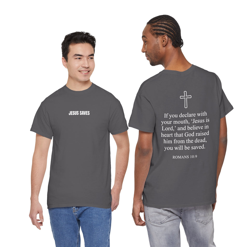 Christian T-Shirt — "Jesus Saves" Front & "Saved" Back