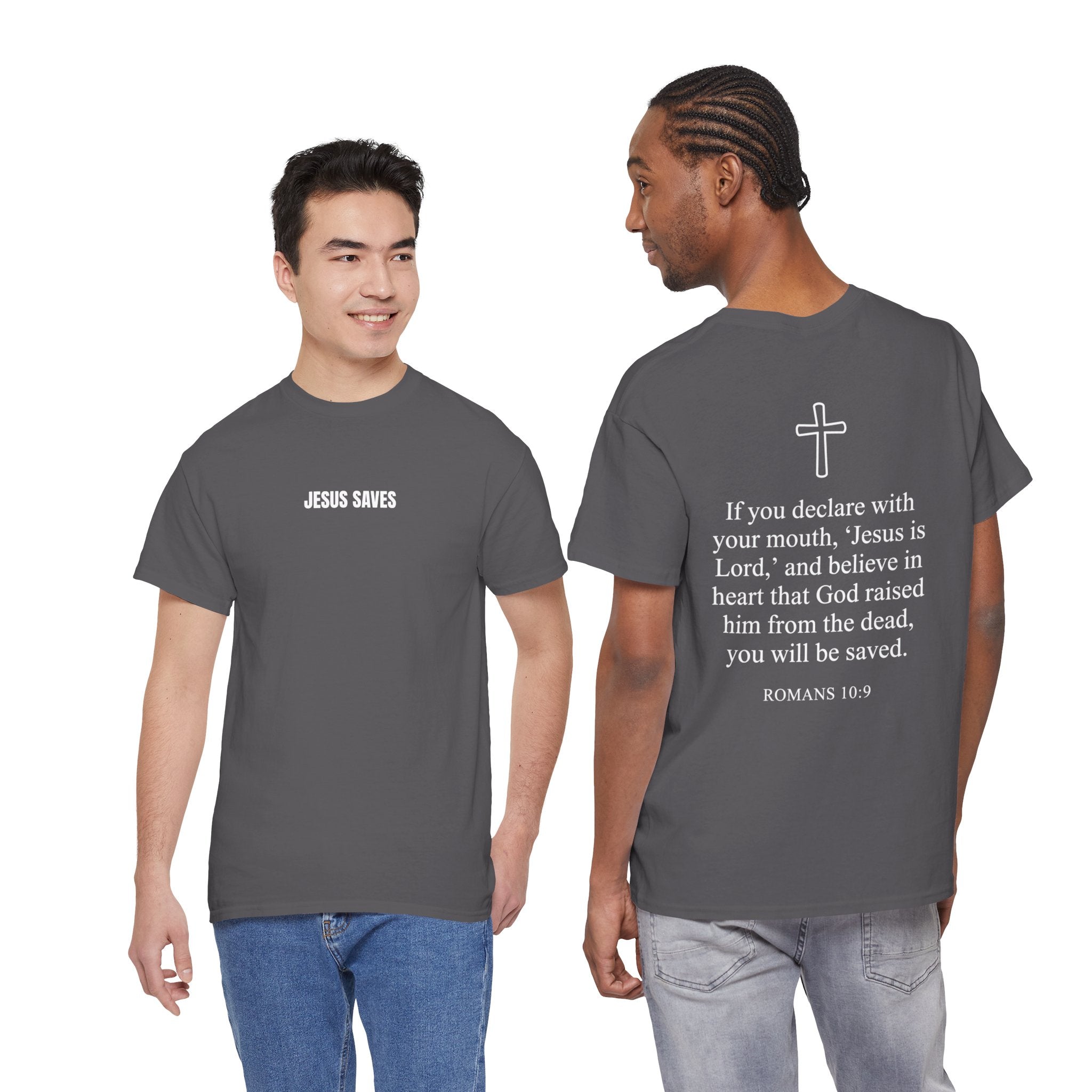 Christian T-Shirt — "Jesus Saves" Front & "Saved" Back