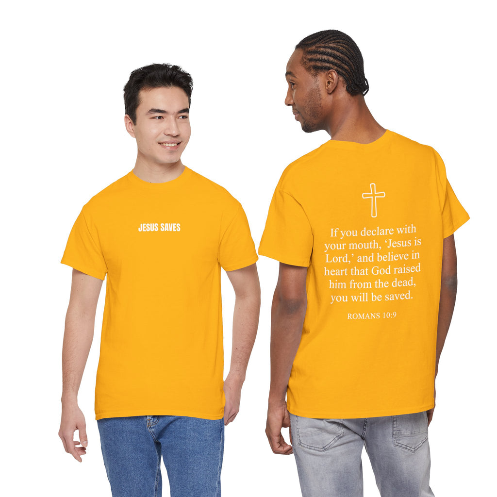 Christian T-Shirt — "Jesus Saves" Front & "Saved" Back