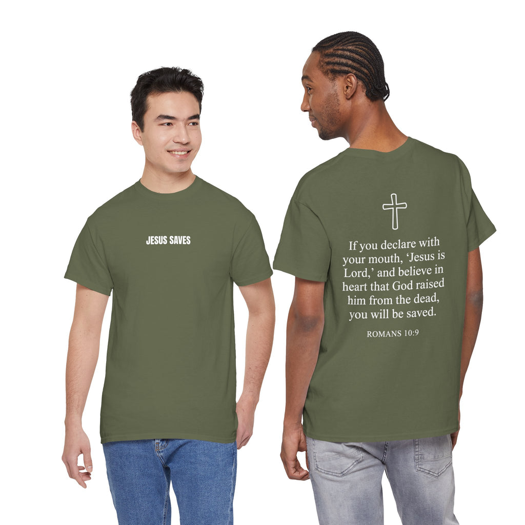 Christian T-Shirt — "Jesus Saves" Front & "Saved" Back
