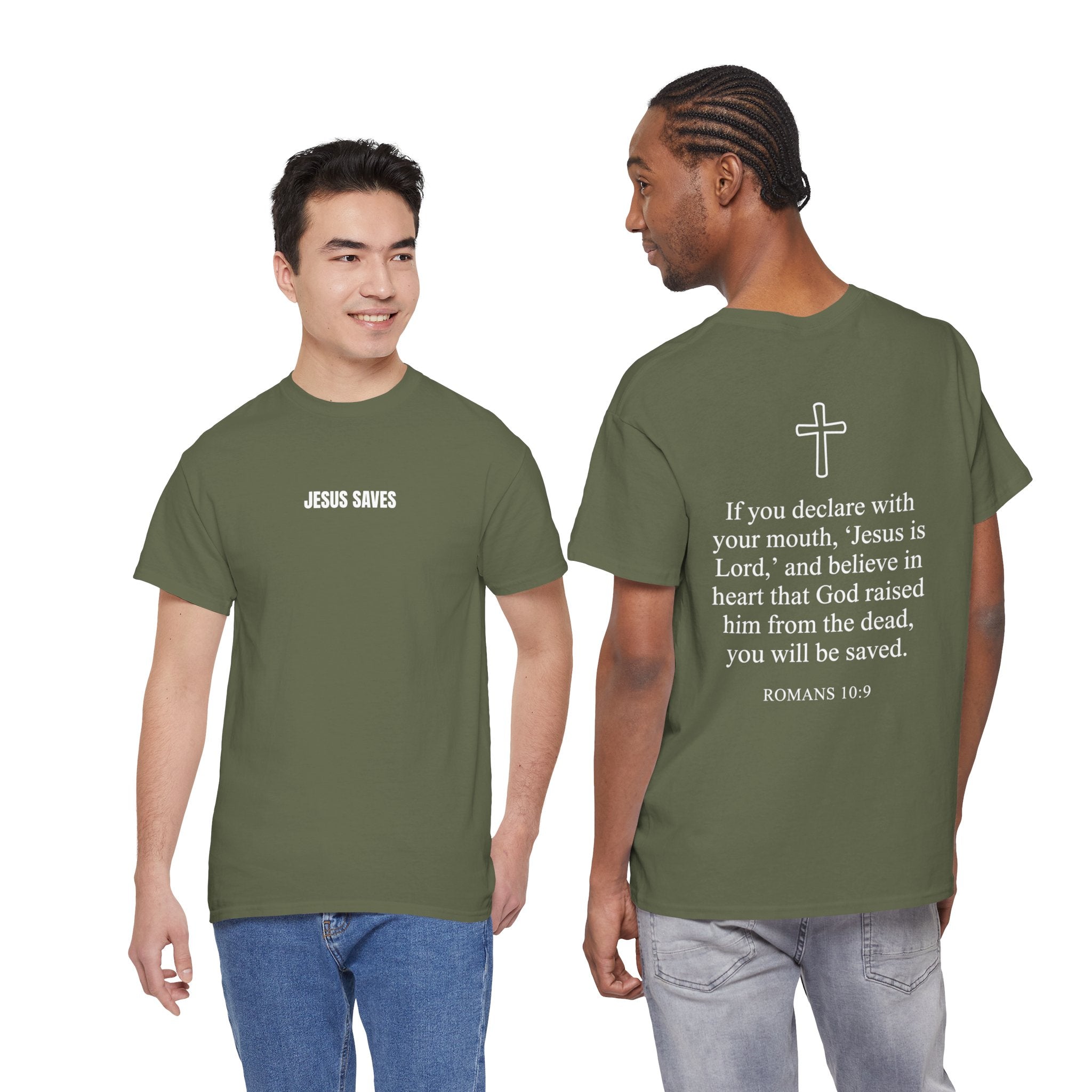 Christian T-Shirt — "Jesus Saves" Front & "Saved" Back