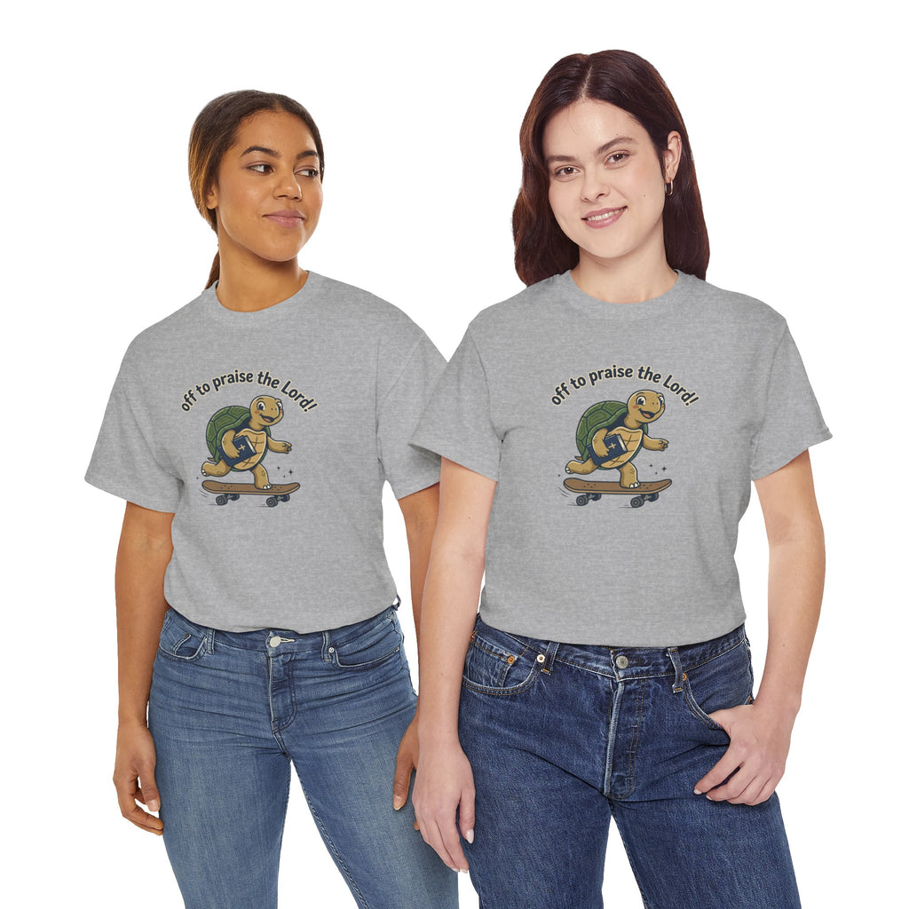 Turtle Skateboard Tee — "Off to Praise the Lord" Christian Graphic Shirt