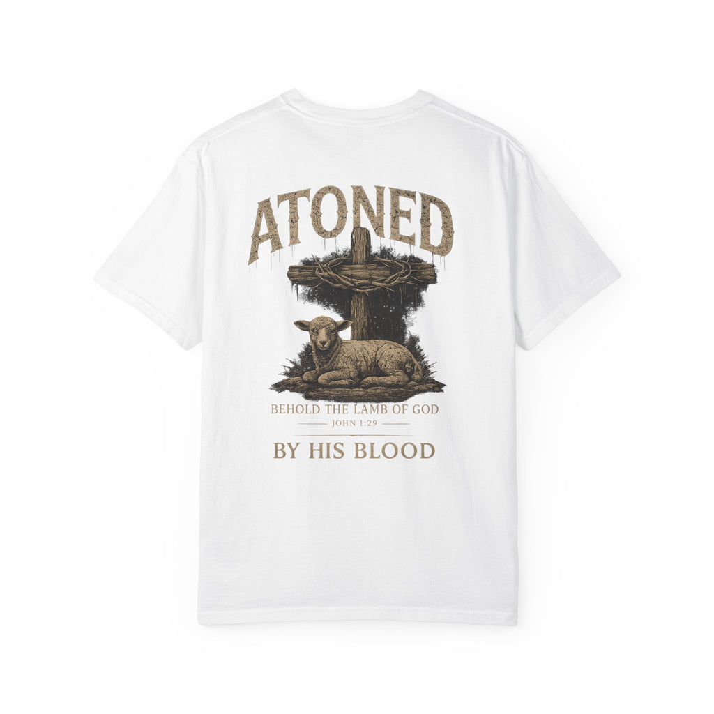 Atoned Lamb T-Shirt — Christian Faith Graphic Tee ("Behold the Lamb of God / By His Blood")