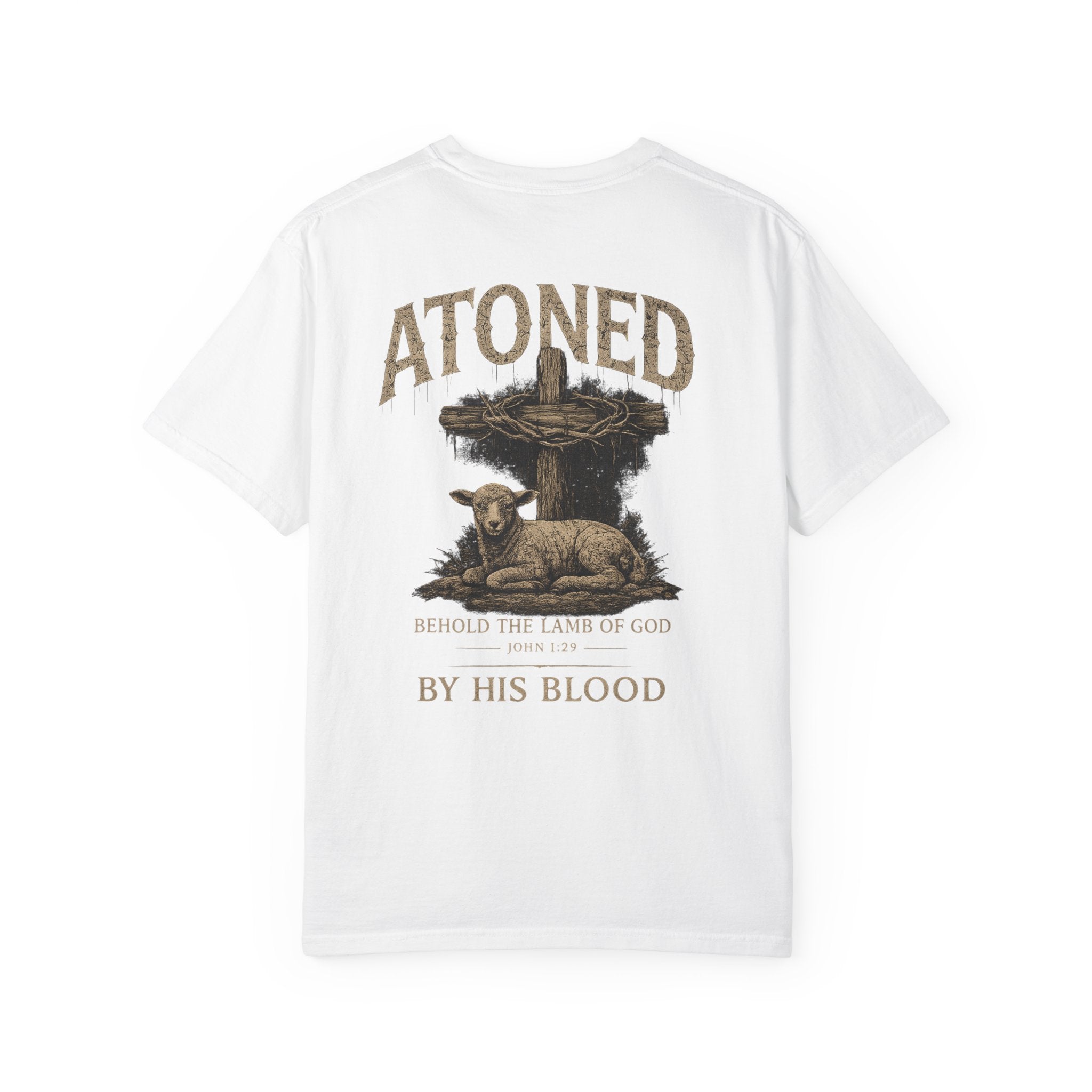 Atoned Lamb T-Shirt — Christian Faith Graphic Tee ("Behold the Lamb of God / By His Blood")