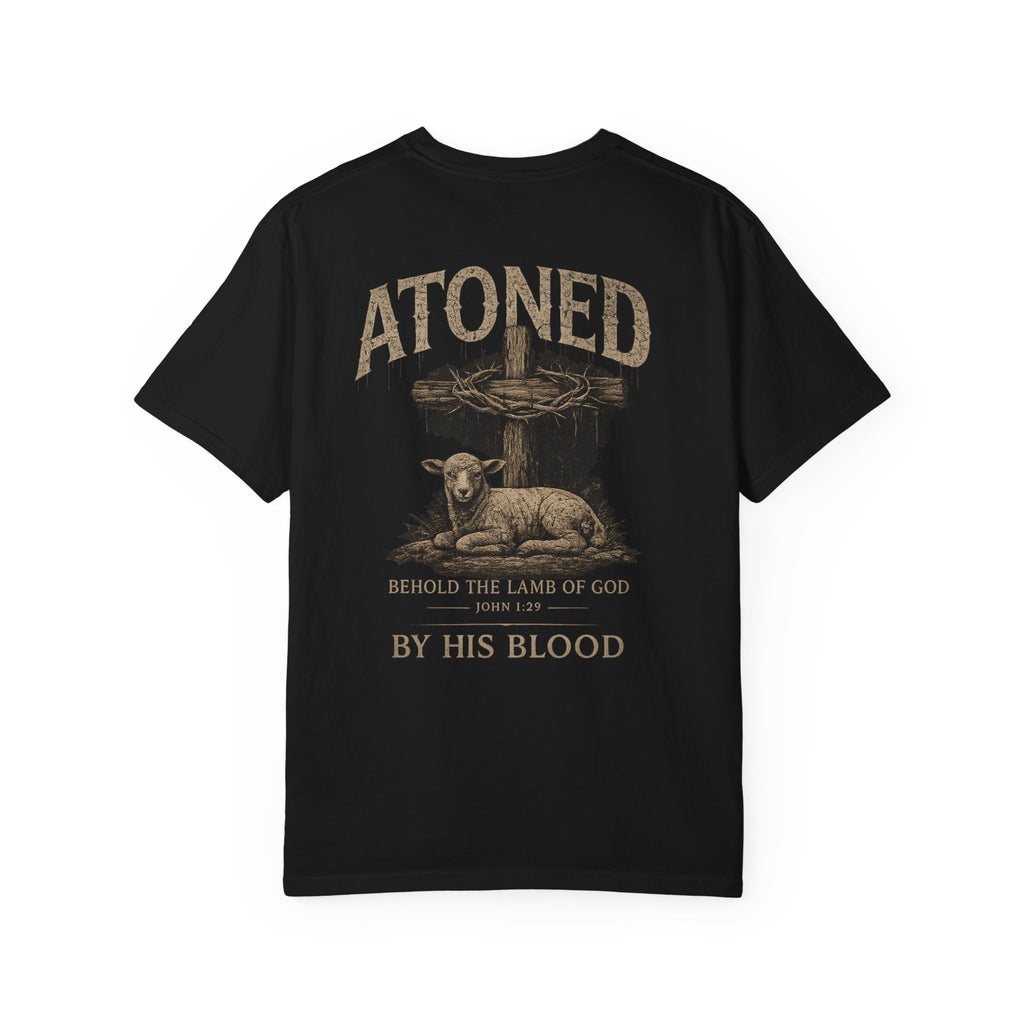 Atoned Lamb T-Shirt — Christian Faith Graphic Tee ("Behold the Lamb of God / By His Blood")