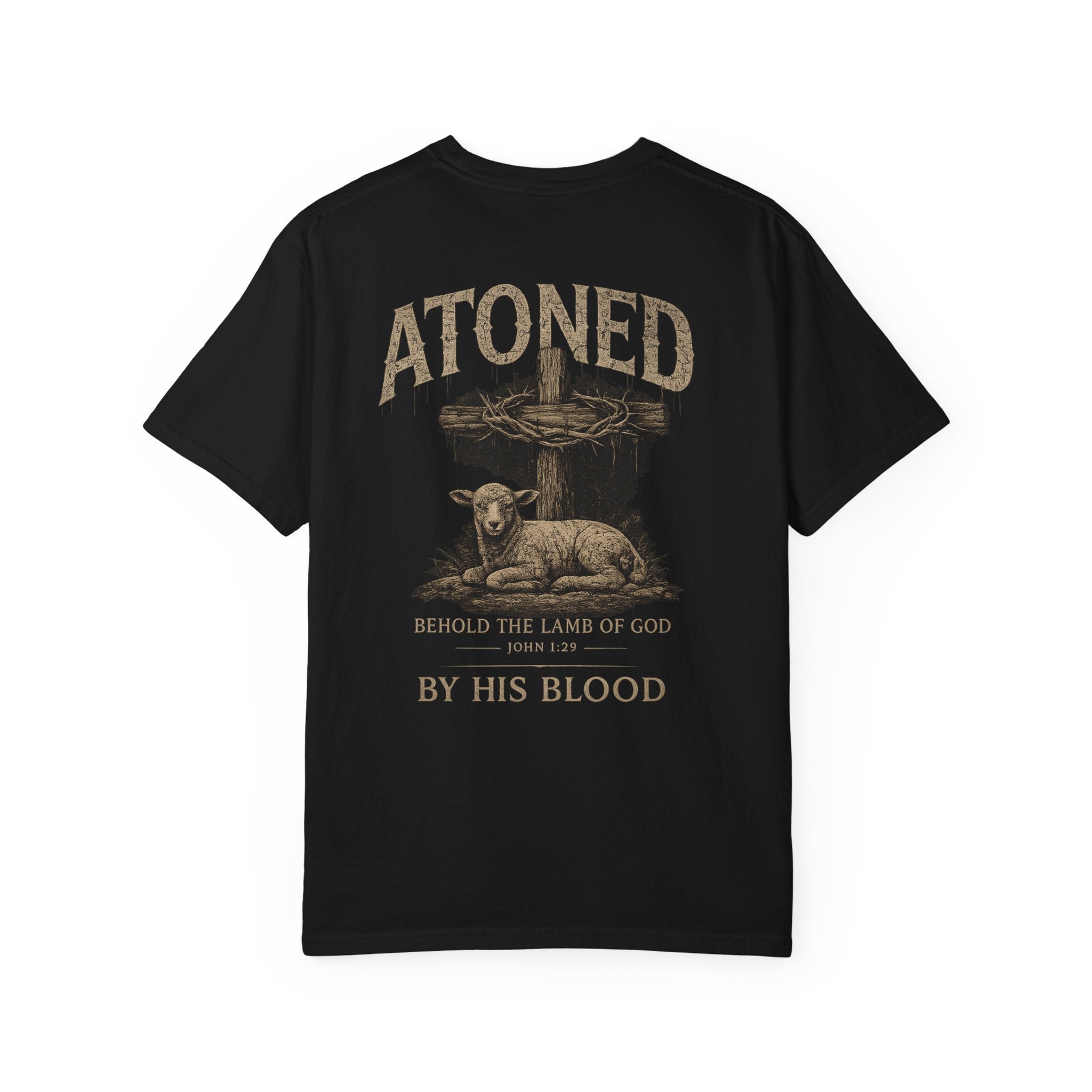 Atoned Lamb T-Shirt — Christian Faith Graphic Tee ("Behold the Lamb of God / By His Blood")