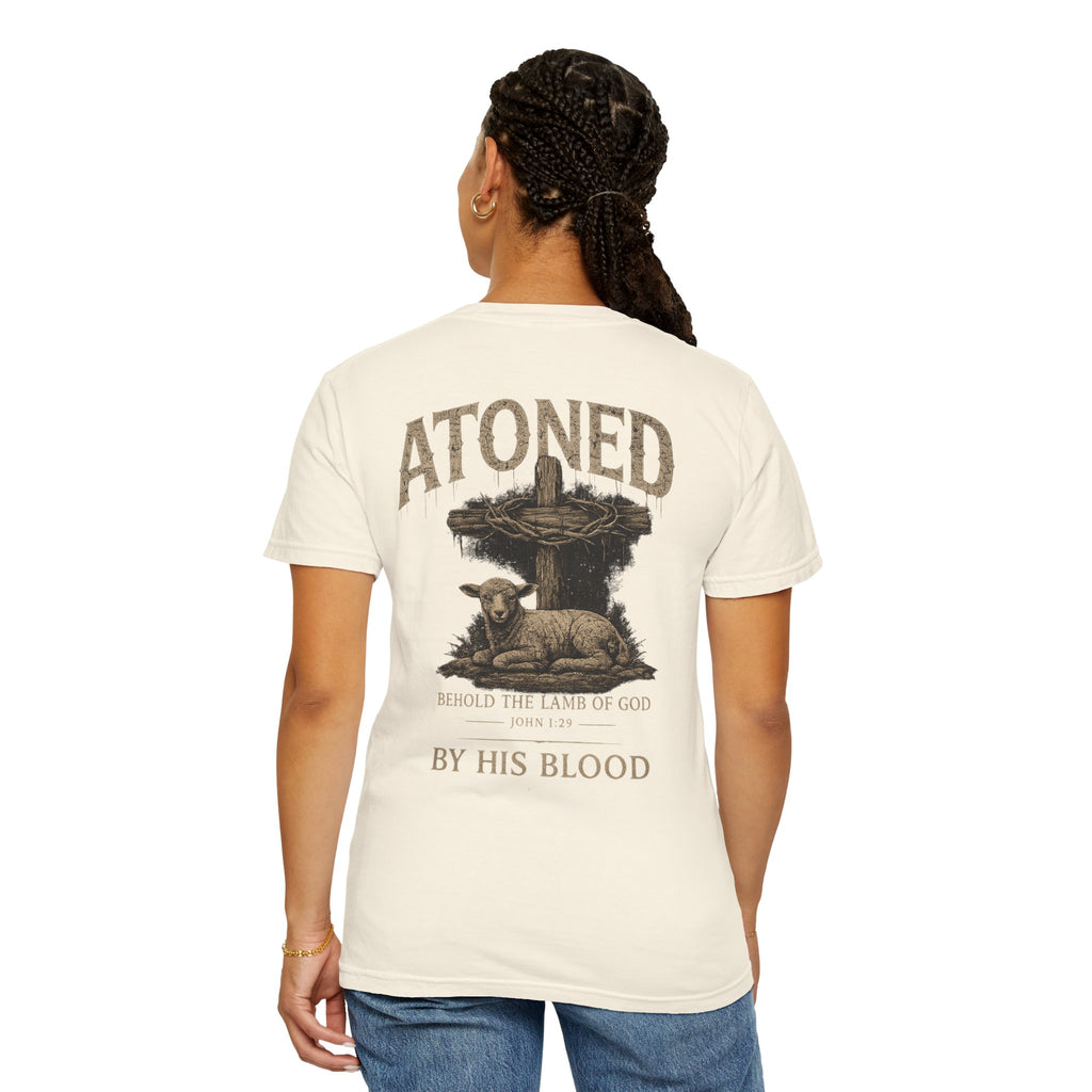 Atoned Lamb T-Shirt — Christian Faith Graphic Tee ("Behold the Lamb of God / By His Blood")