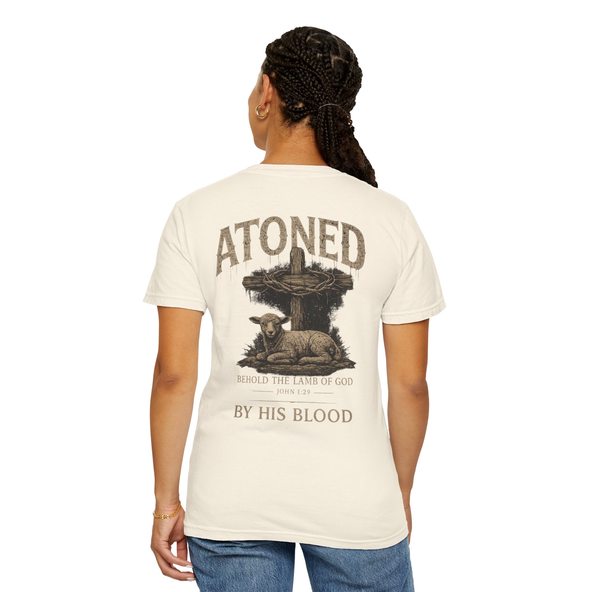 Atoned Lamb T-Shirt — Christian Faith Graphic Tee ("Behold the Lamb of God / By His Blood")