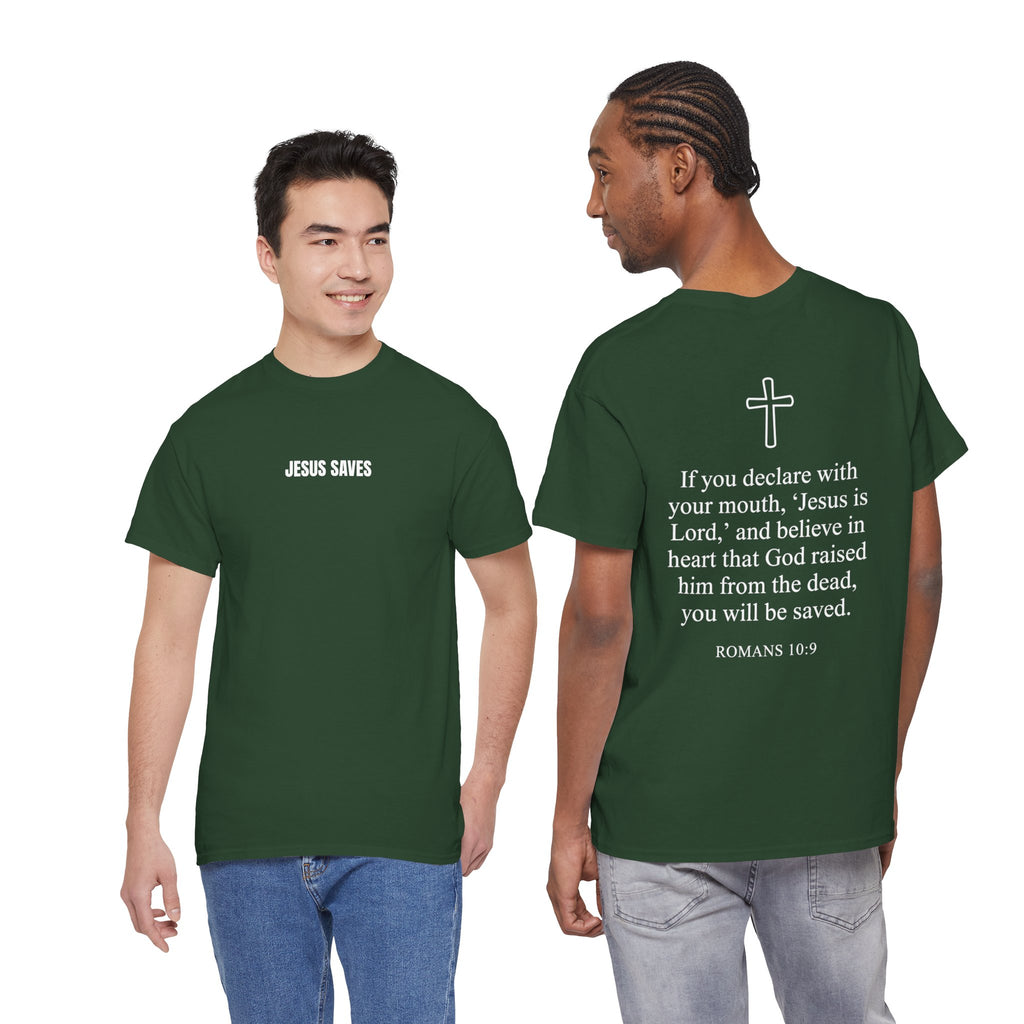 Christian T-Shirt — "Jesus Saves" Front & "Saved" Back