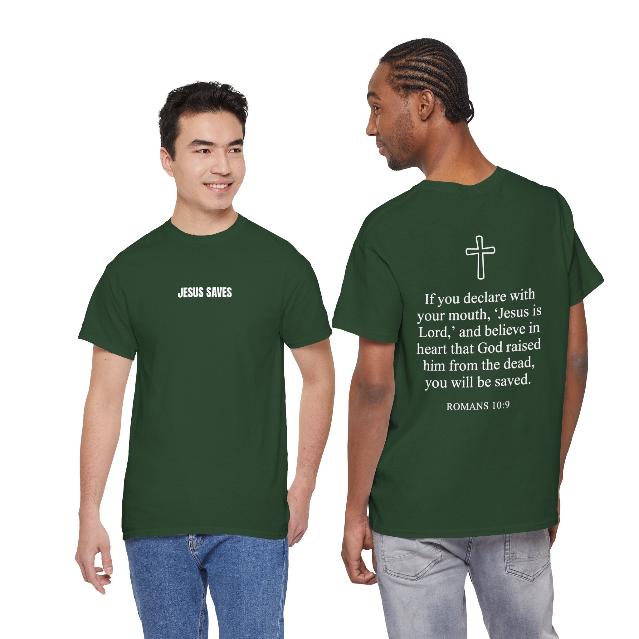 Christian T-Shirt — "Jesus Saves" Front & "Saved" Back