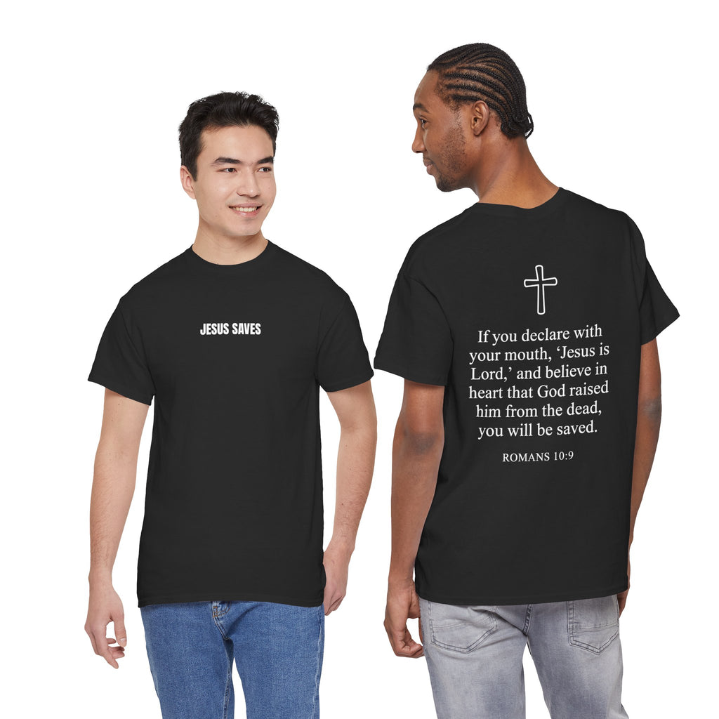 Christian T-Shirt — "Jesus Saves" Front & "Saved" Back