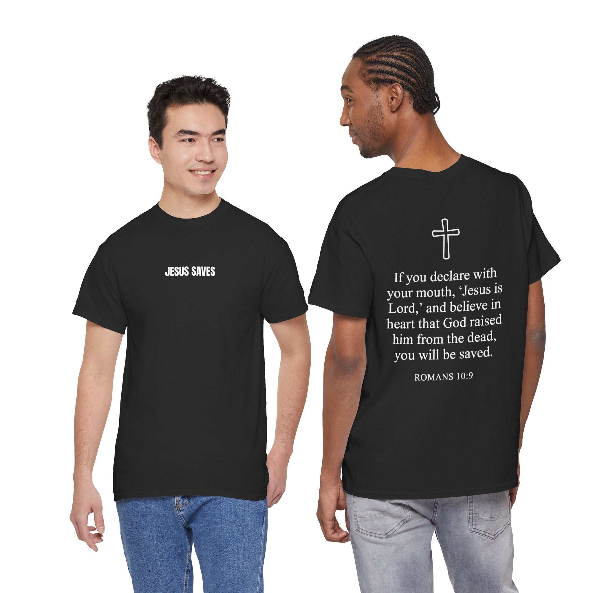 Christian T-Shirt — "Jesus Saves" Front & "Saved" Back