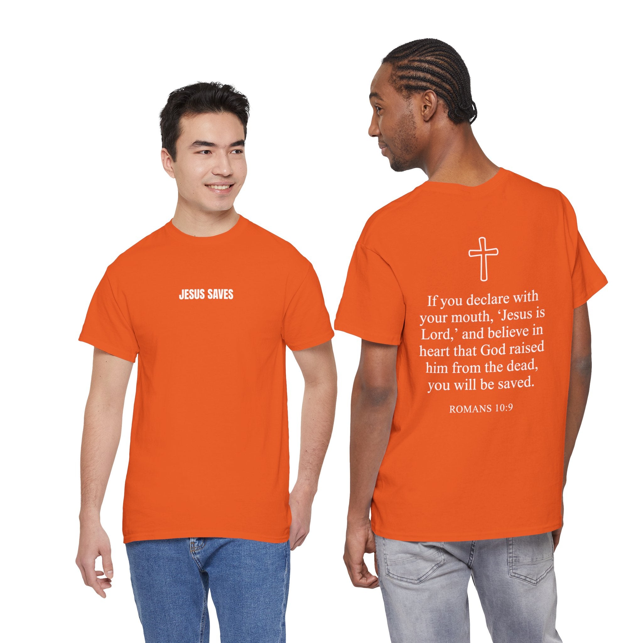Christian T-Shirt — "Jesus Saves" Front & "Saved" Back