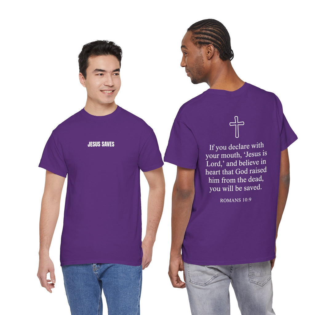 Christian T-Shirt — "Jesus Saves" Front & "Saved" Back