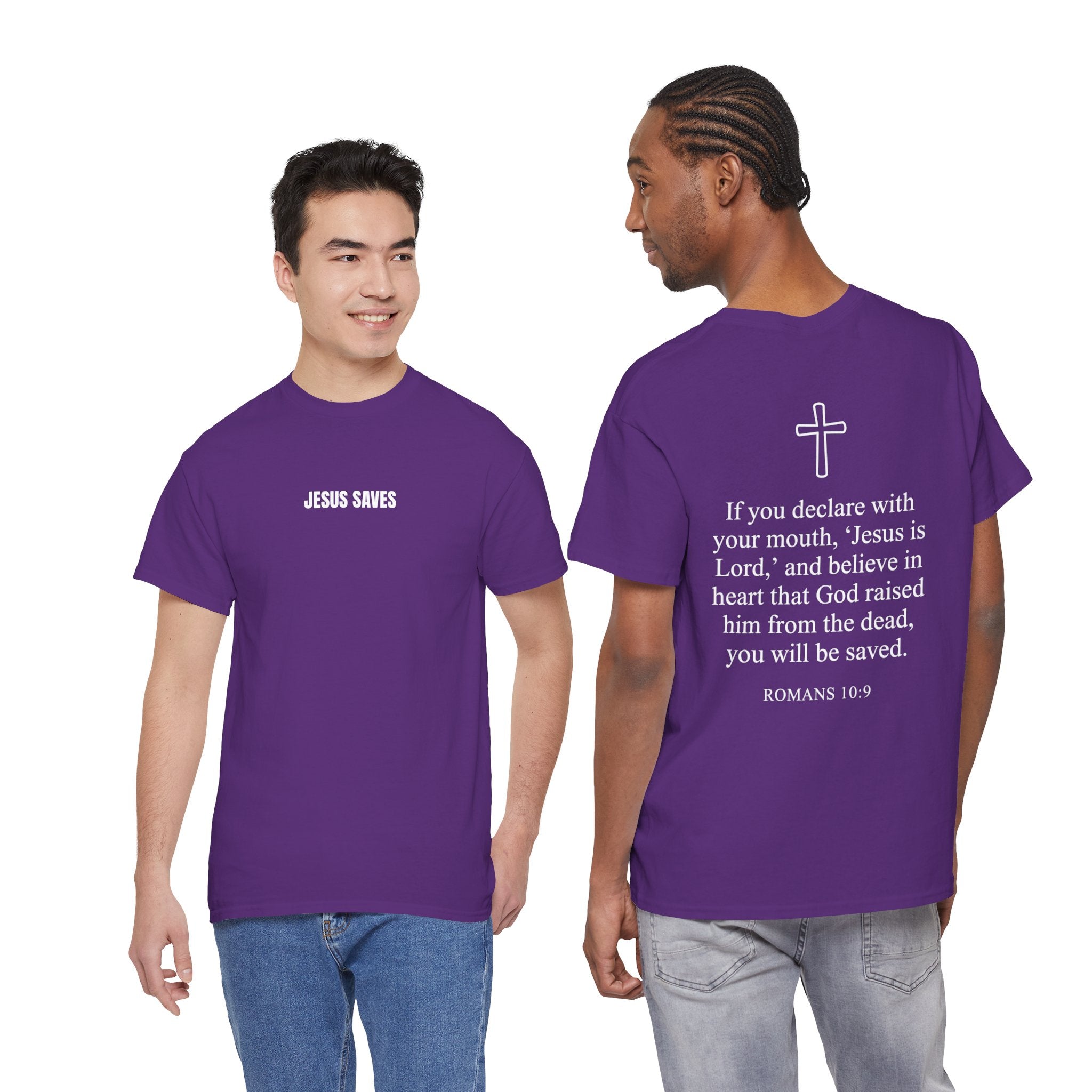 Christian T-Shirt — "Jesus Saves" Front & "Saved" Back
