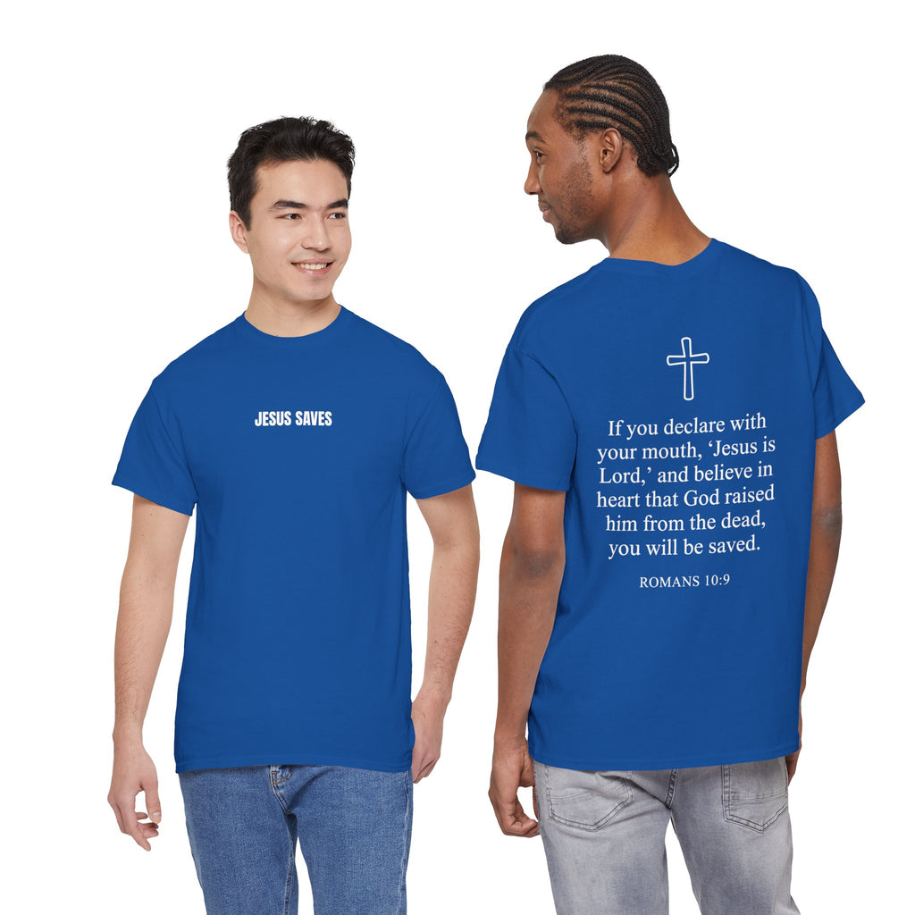Christian T-Shirt — "Jesus Saves" Front & "Saved" Back