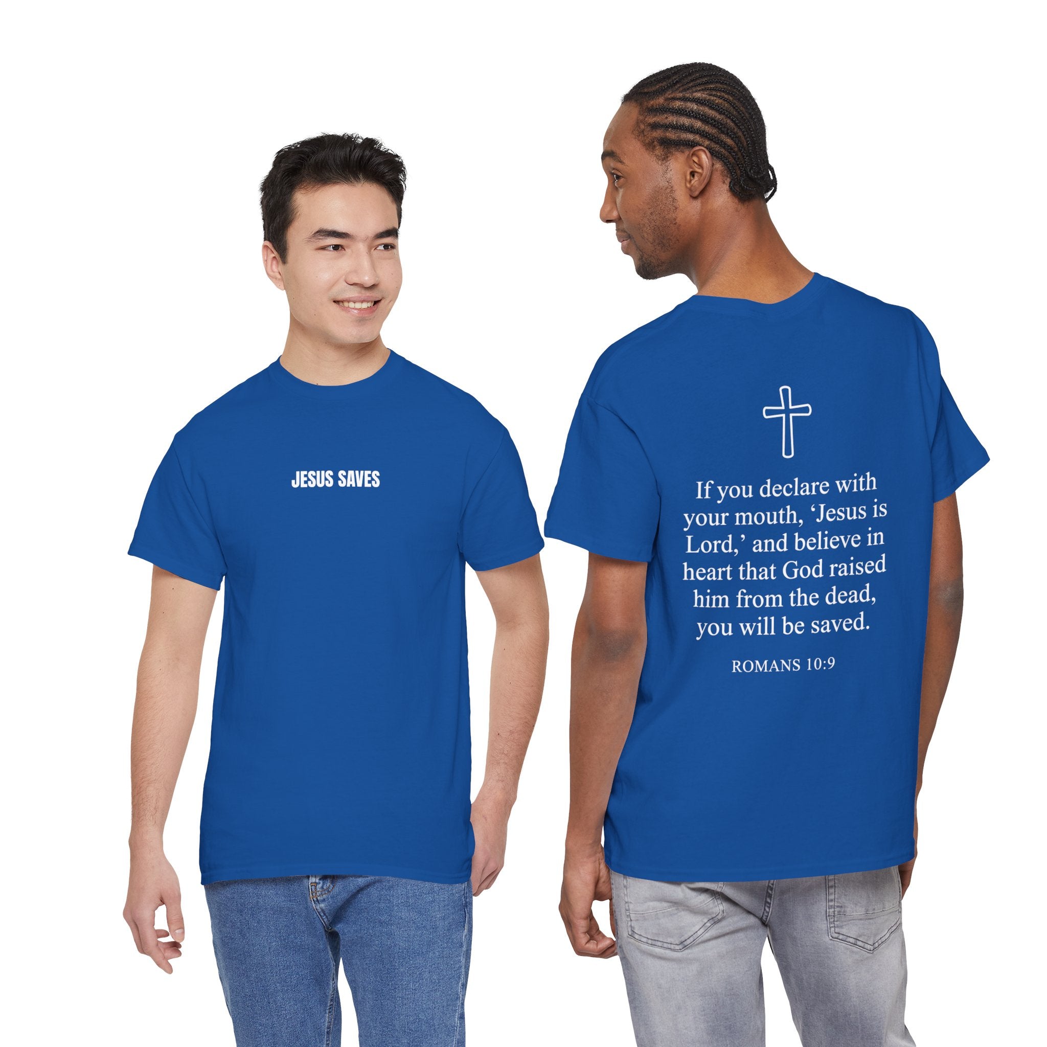 Christian T-Shirt — "Jesus Saves" Front & "Saved" Back