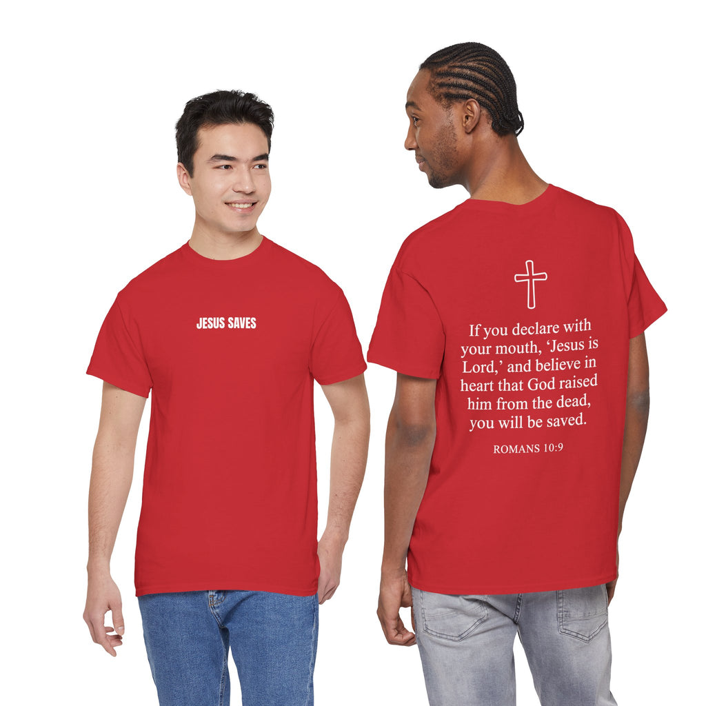Christian T-Shirt — "Jesus Saves" Front & "Saved" Back