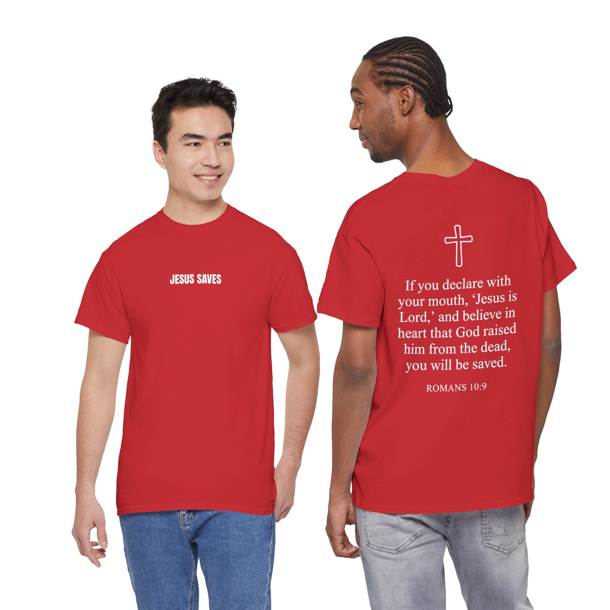 Christian T-Shirt — "Jesus Saves" Front & "Saved" Back
