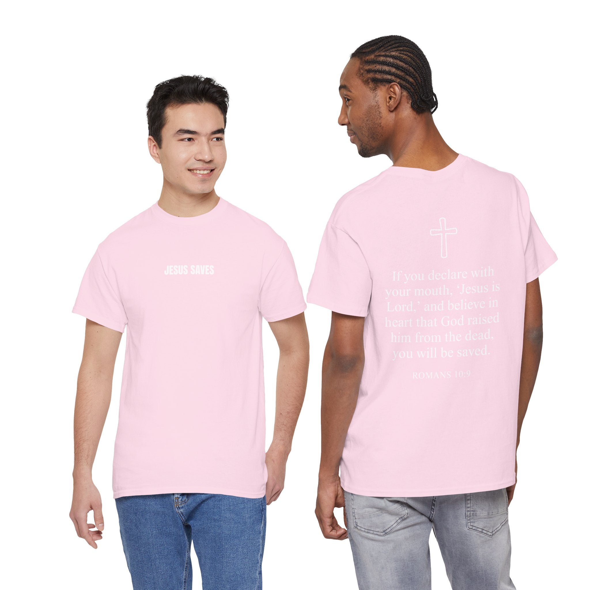 Christian T-Shirt — "Jesus Saves" Front & "Saved" Back