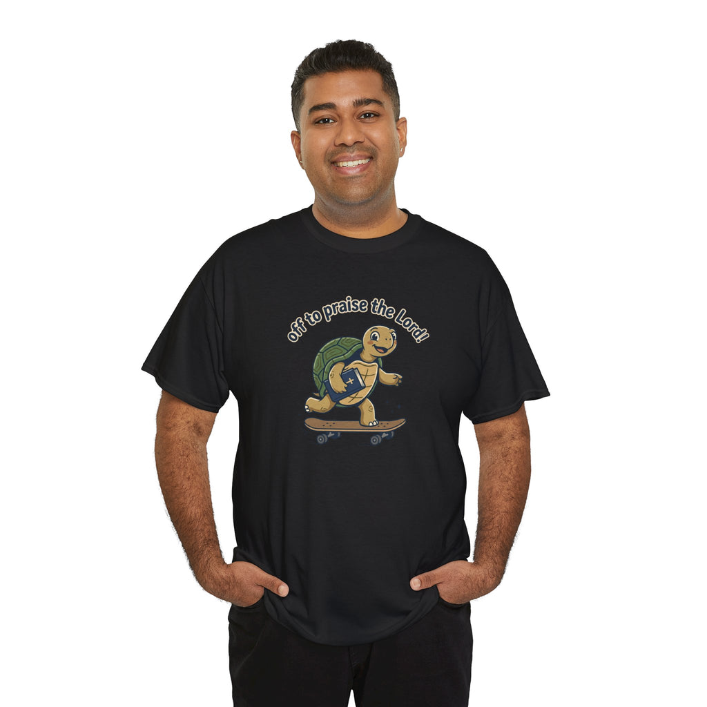 Turtle Skateboard Tee — "Off to Praise the Lord" Christian Graphic Shirt