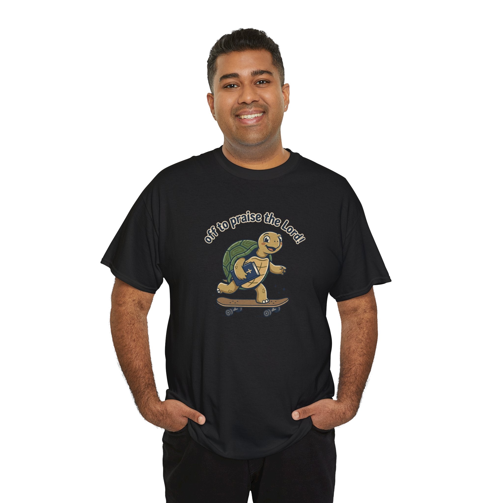 Turtle Skateboard Tee — "Off to Praise the Lord" Christian Graphic Shirt