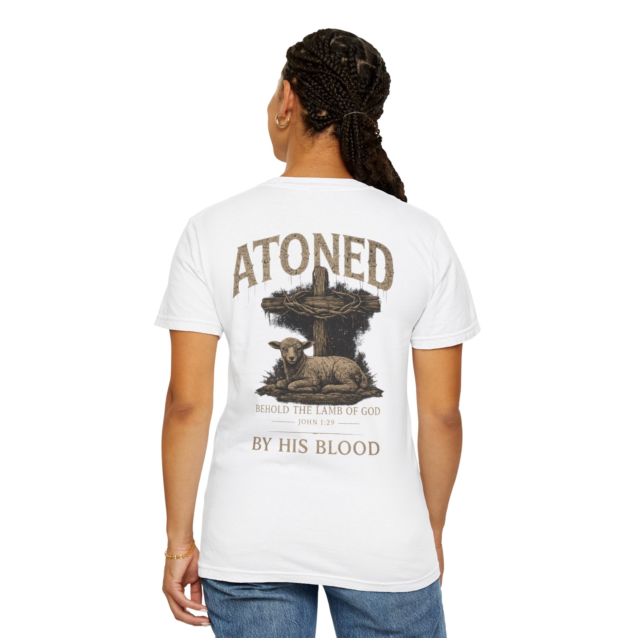 Atoned Lamb T-Shirt — Christian Faith Graphic Tee ("Behold the Lamb of God / By His Blood")