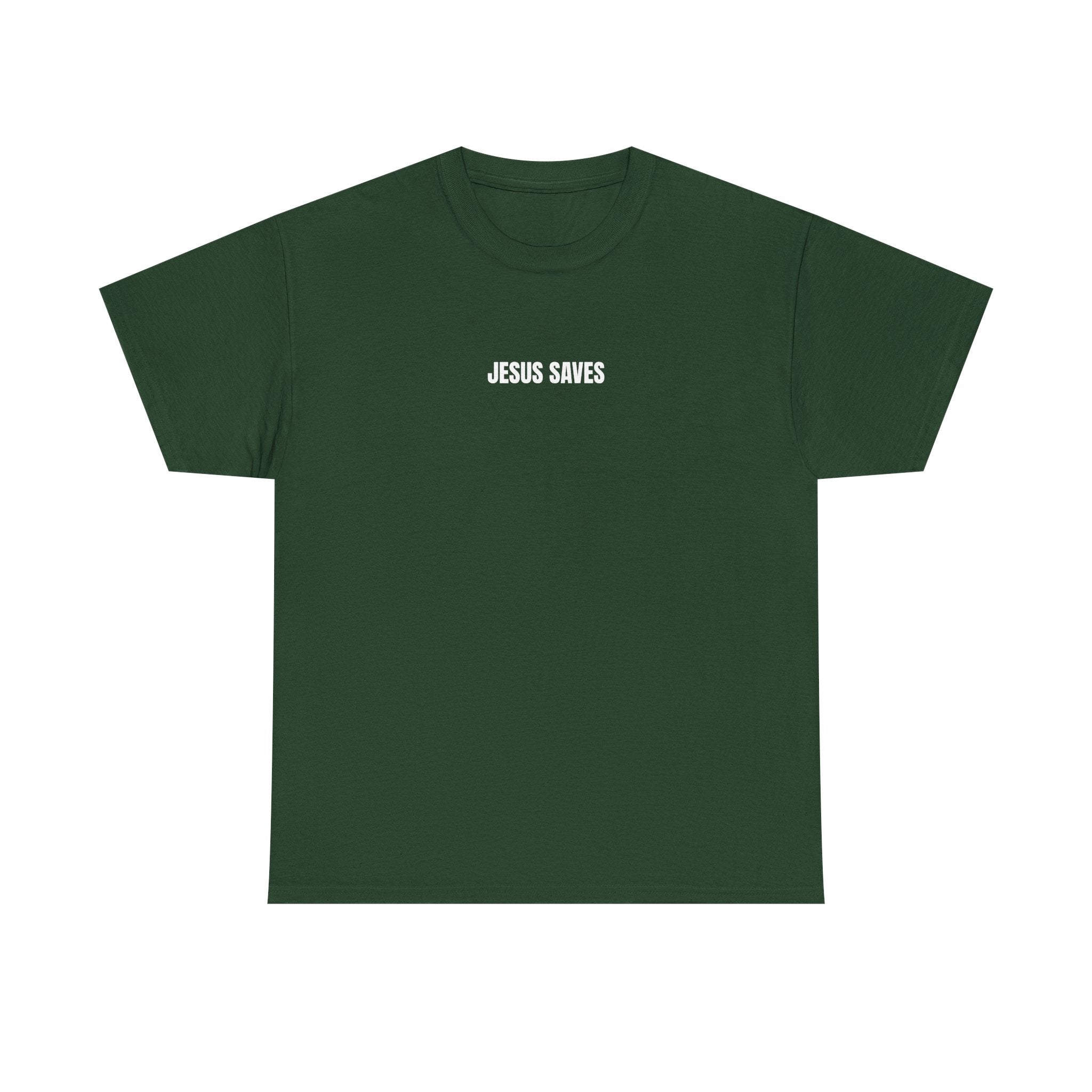 Christian T-Shirt — "Jesus Saves" Front & "Saved" Back