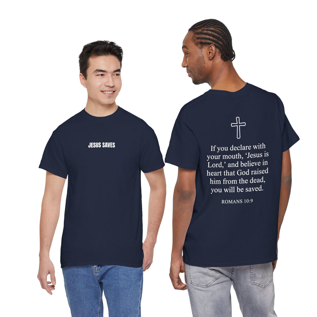 Christian T-Shirt — "Jesus Saves" Front & "Saved" Back