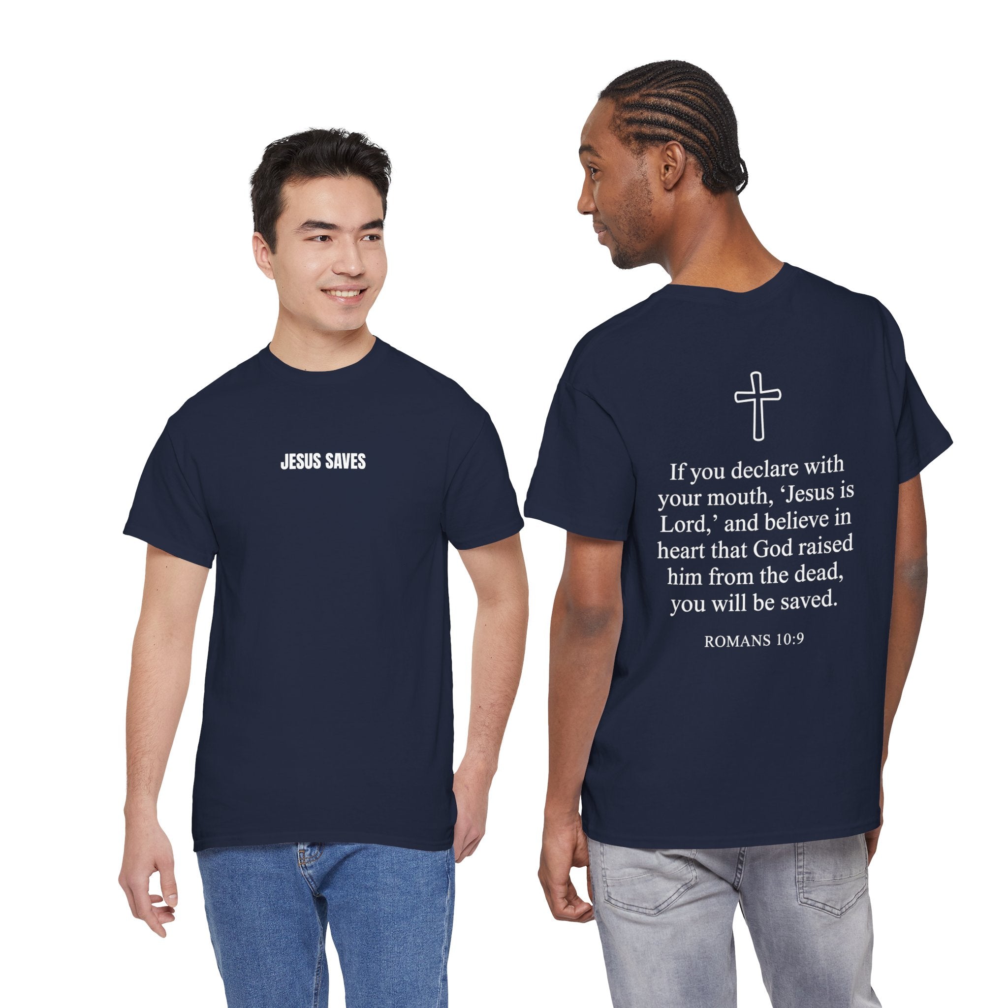 Christian T-Shirt — "Jesus Saves" Front & "Saved" Back