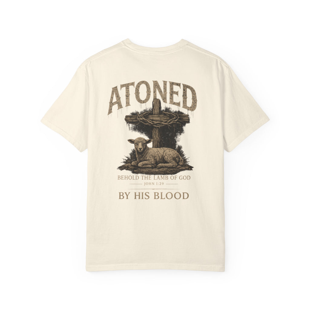 Atoned Lamb T-Shirt — Christian Faith Graphic Tee ("Behold the Lamb of God / By His Blood")