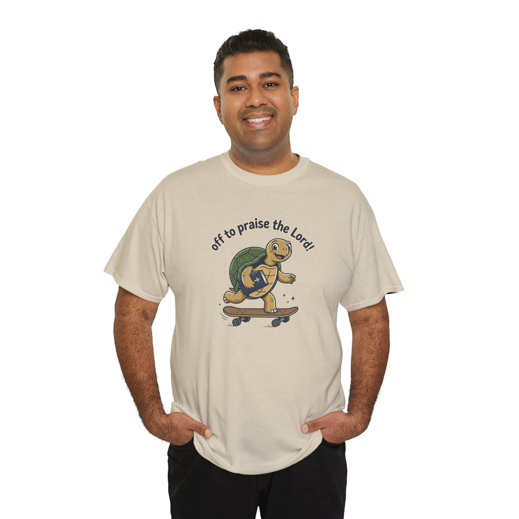 Turtle Skateboard Tee — "Off to Praise the Lord" Christian Graphic Shirt