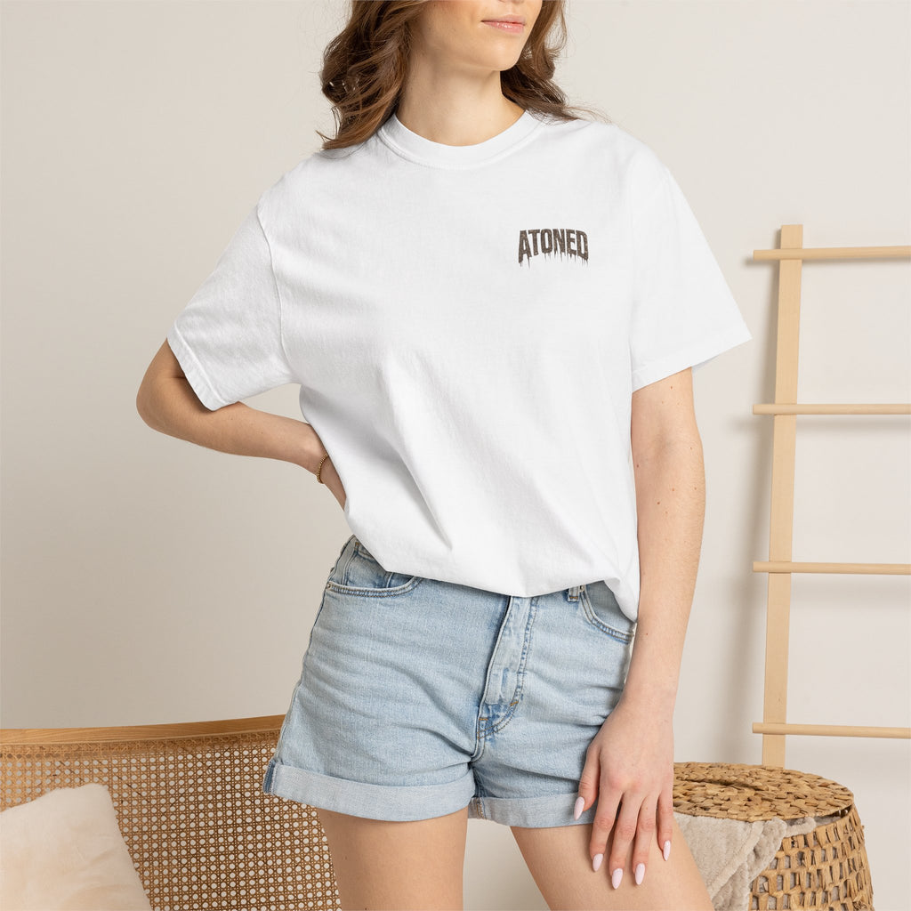 Atoned Lamb T-Shirt — Christian Faith Graphic Tee ("Behold the Lamb of God / By His Blood")