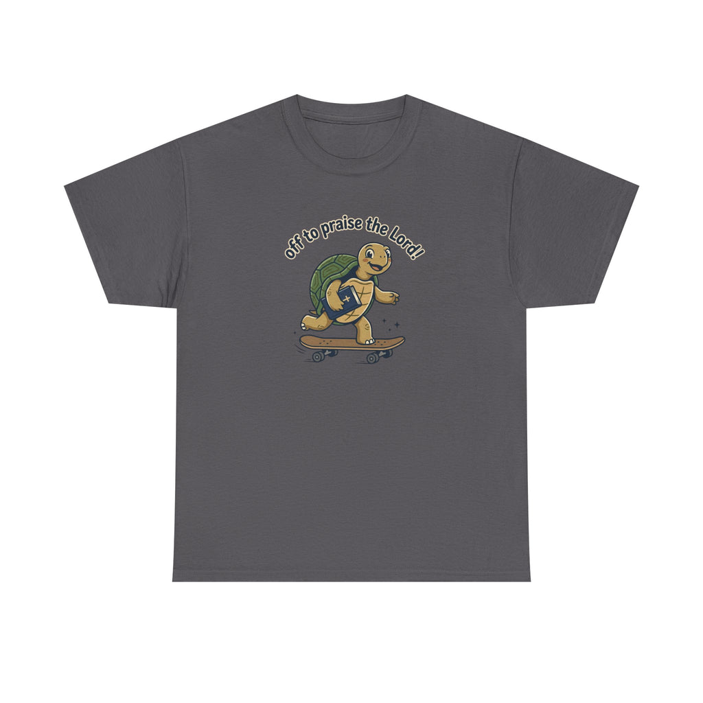 Turtle Skateboard Tee — "Off to Praise the Lord" Christian Graphic Shirt