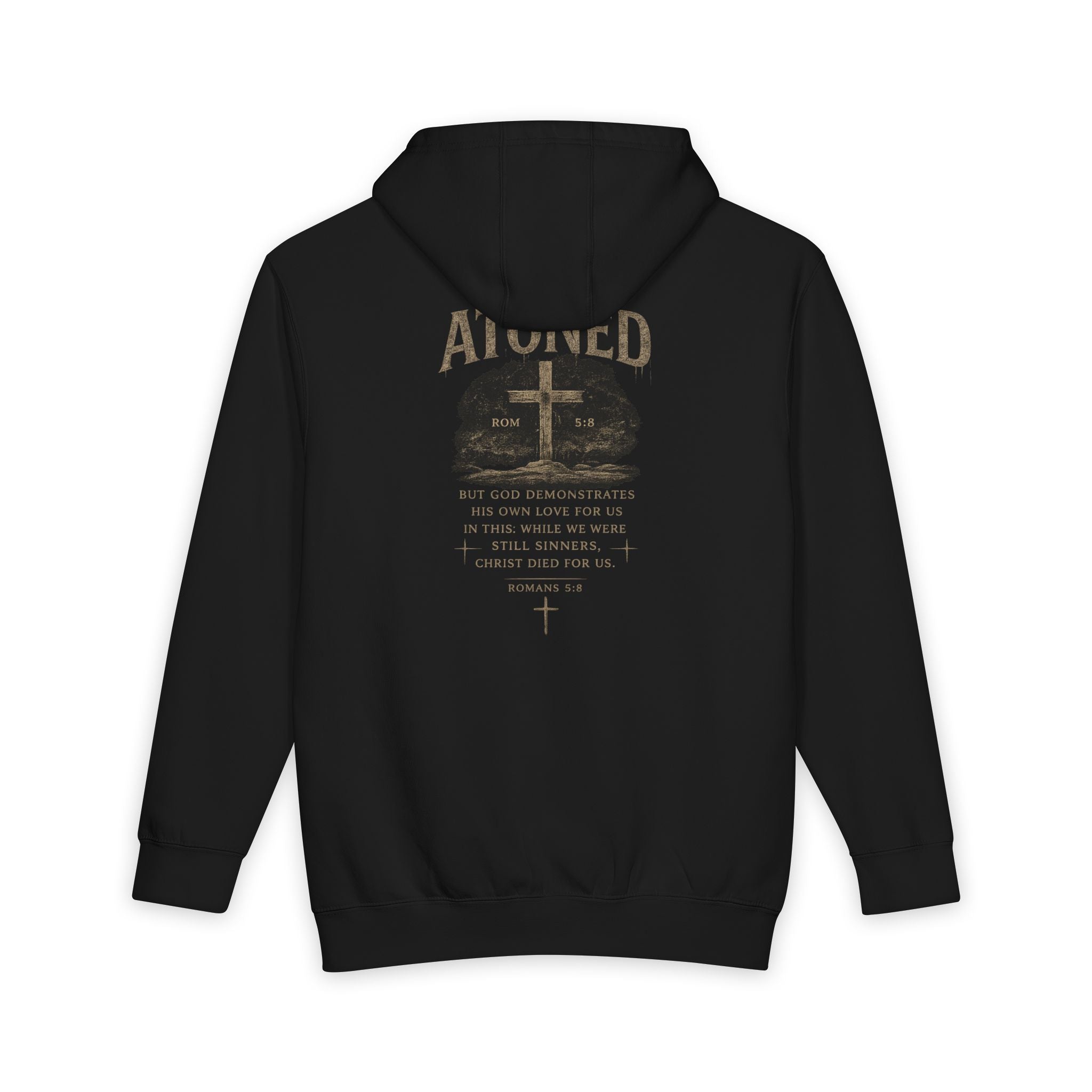 Atoned Cross Hoodie — Christian Faith Pullover (Romans 5:8)