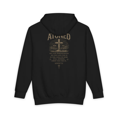 Atoned Cross Hoodie — Christian Faith Pullover (Romans 5:8)