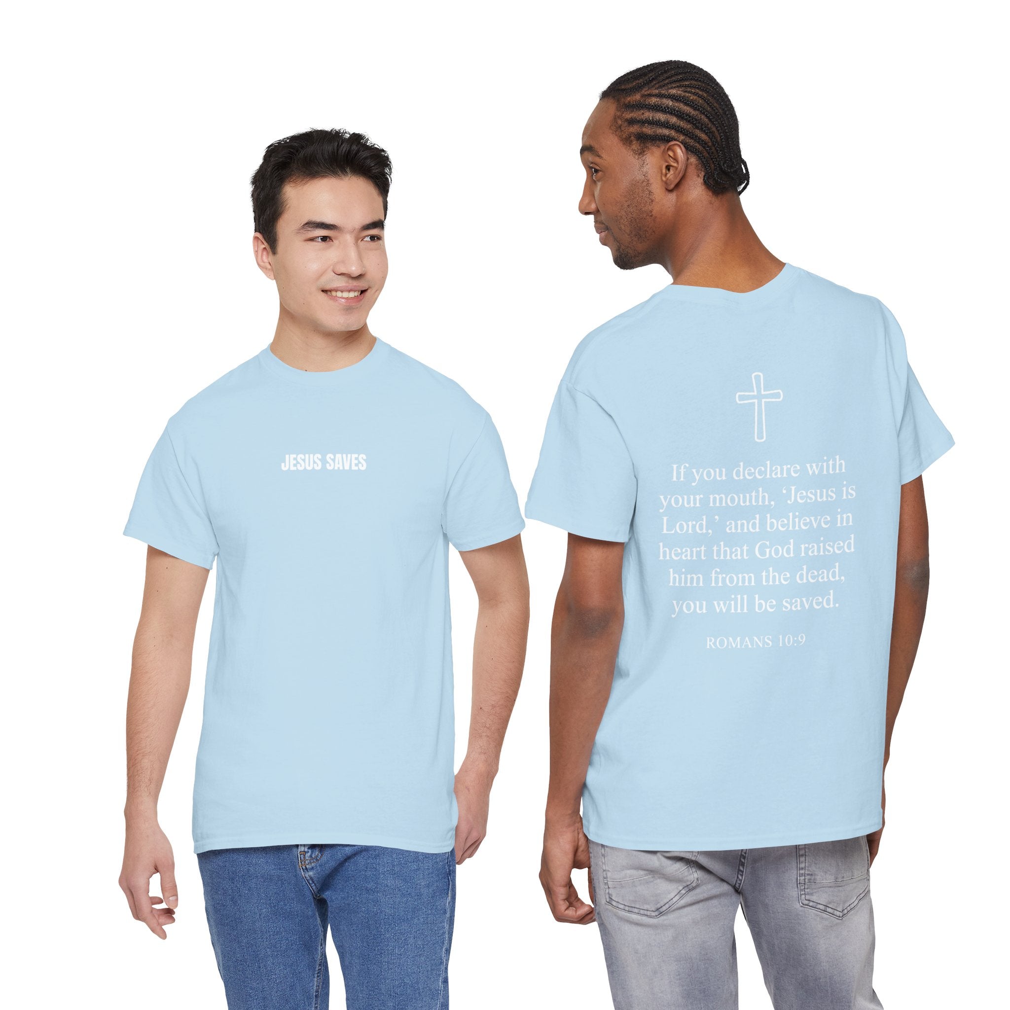 Christian T-Shirt — "Jesus Saves" Front & "Saved" Back