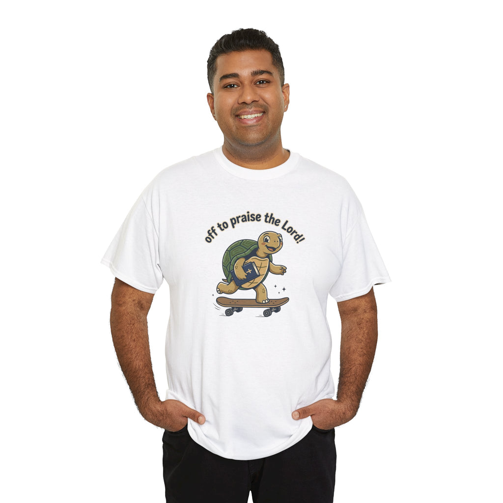 Turtle Skateboard Tee — "Off to Praise the Lord" Christian Graphic Shirt