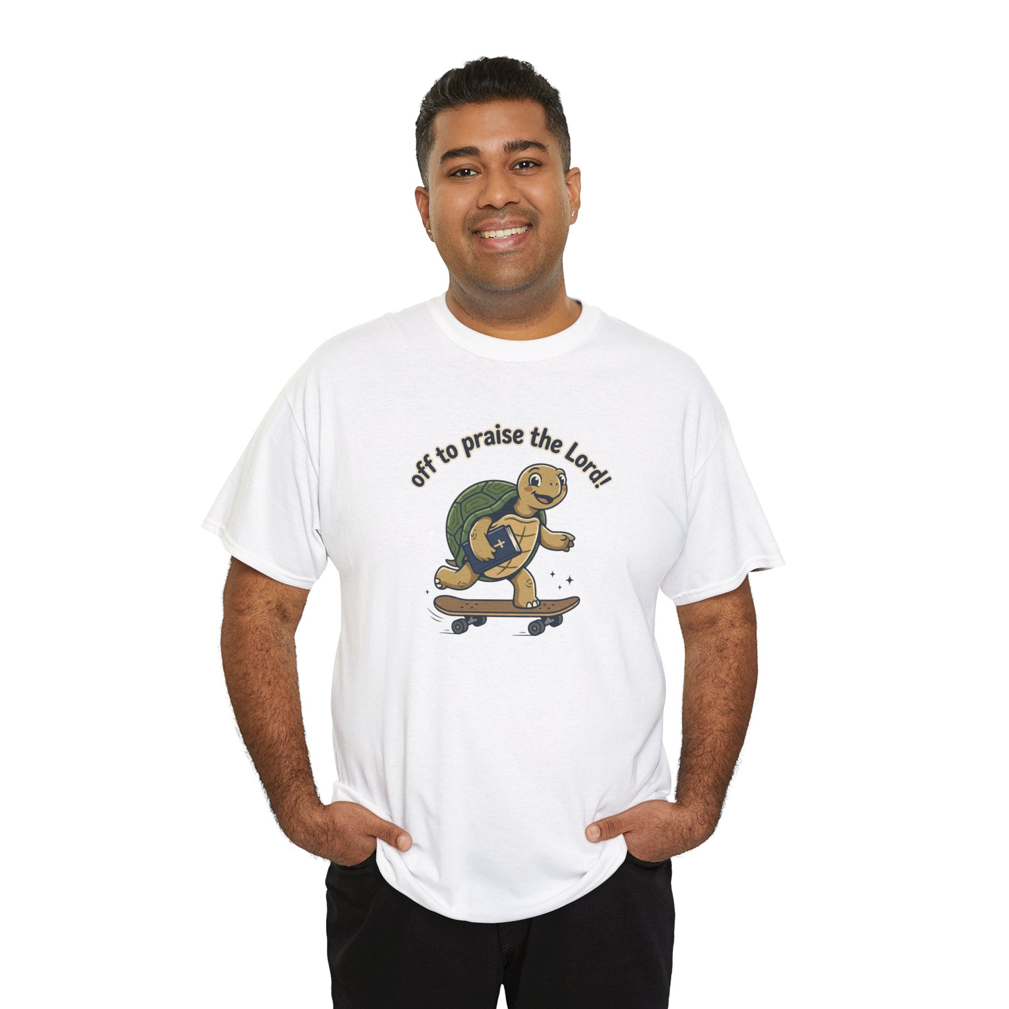 Turtle Skateboard Tee — "Off to Praise the Lord" Christian Graphic Shirt