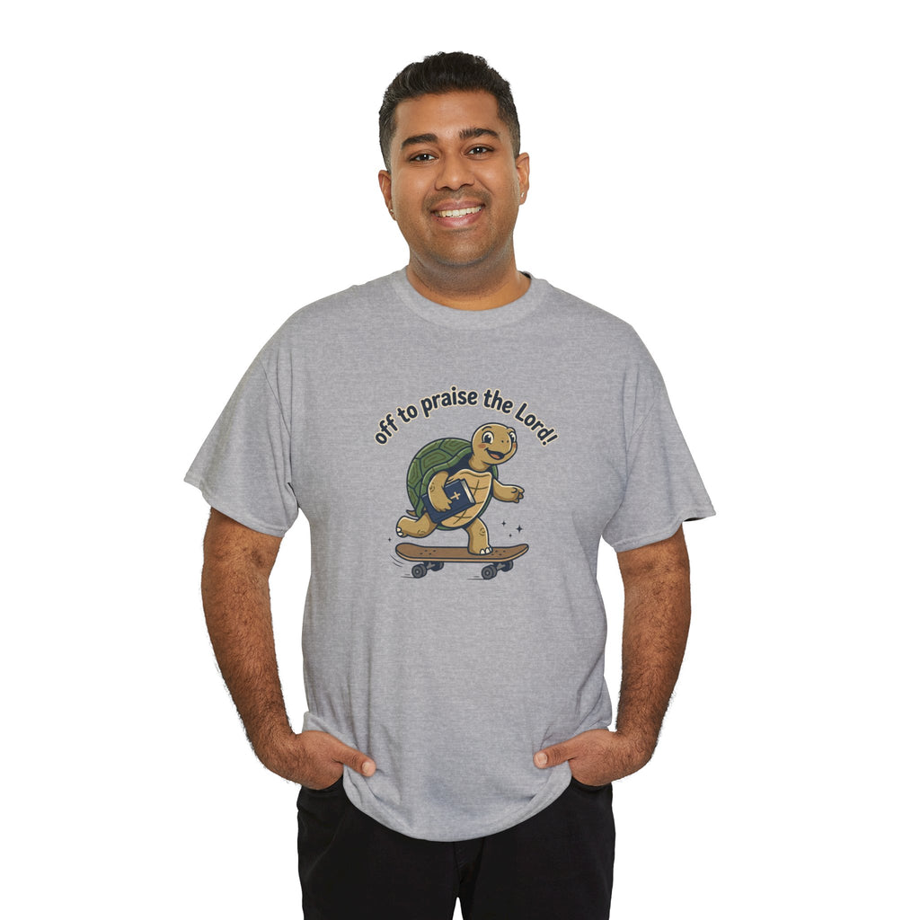Turtle Skateboard Tee — "Off to Praise the Lord" Christian Graphic Shirt