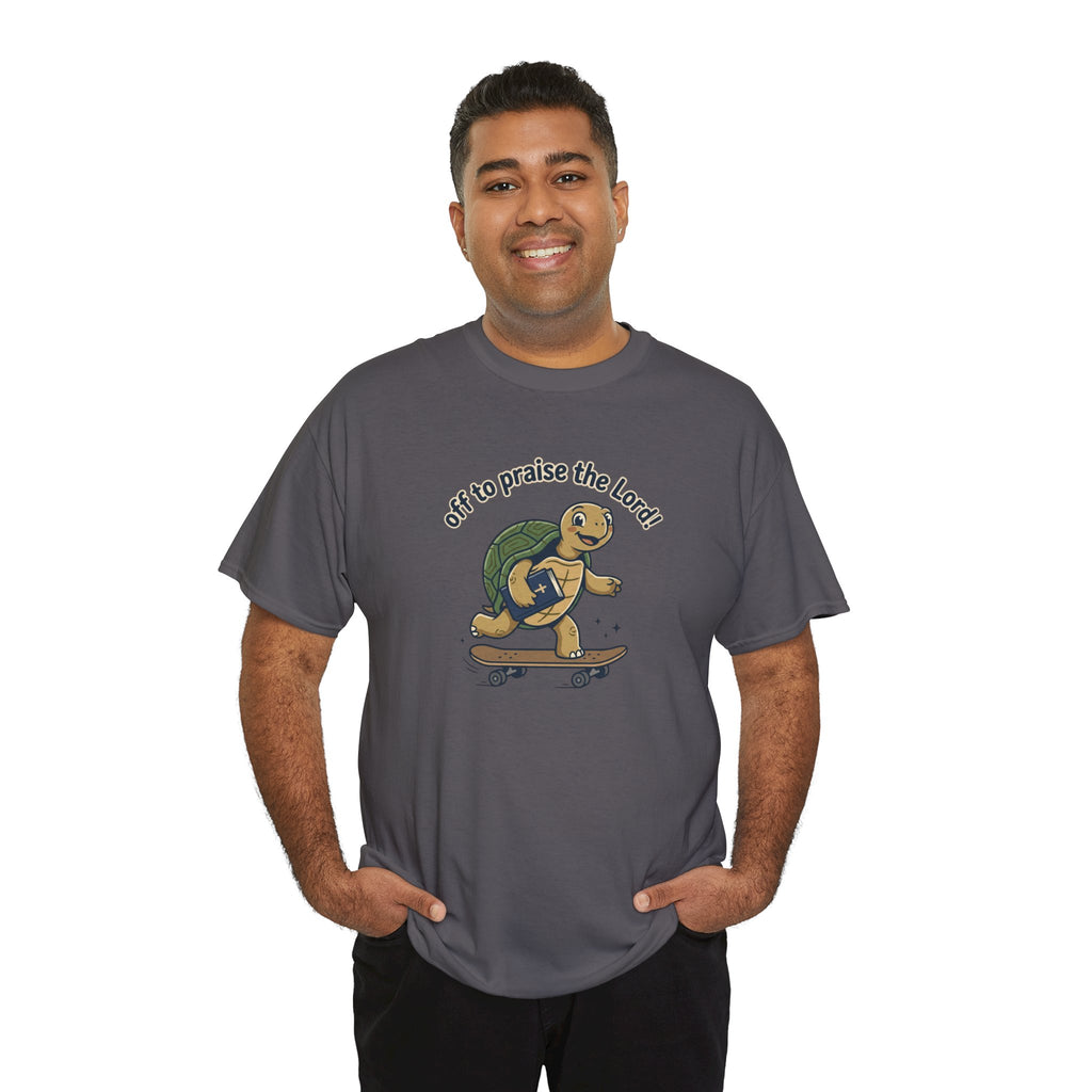 Turtle Skateboard Tee — "Off to Praise the Lord" Christian Graphic Shirt