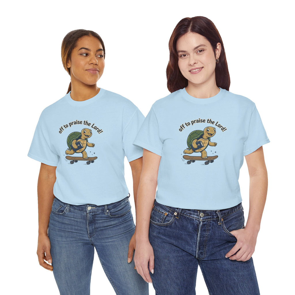 Turtle Skateboard Tee — "Off to Praise the Lord" Christian Graphic Shirt