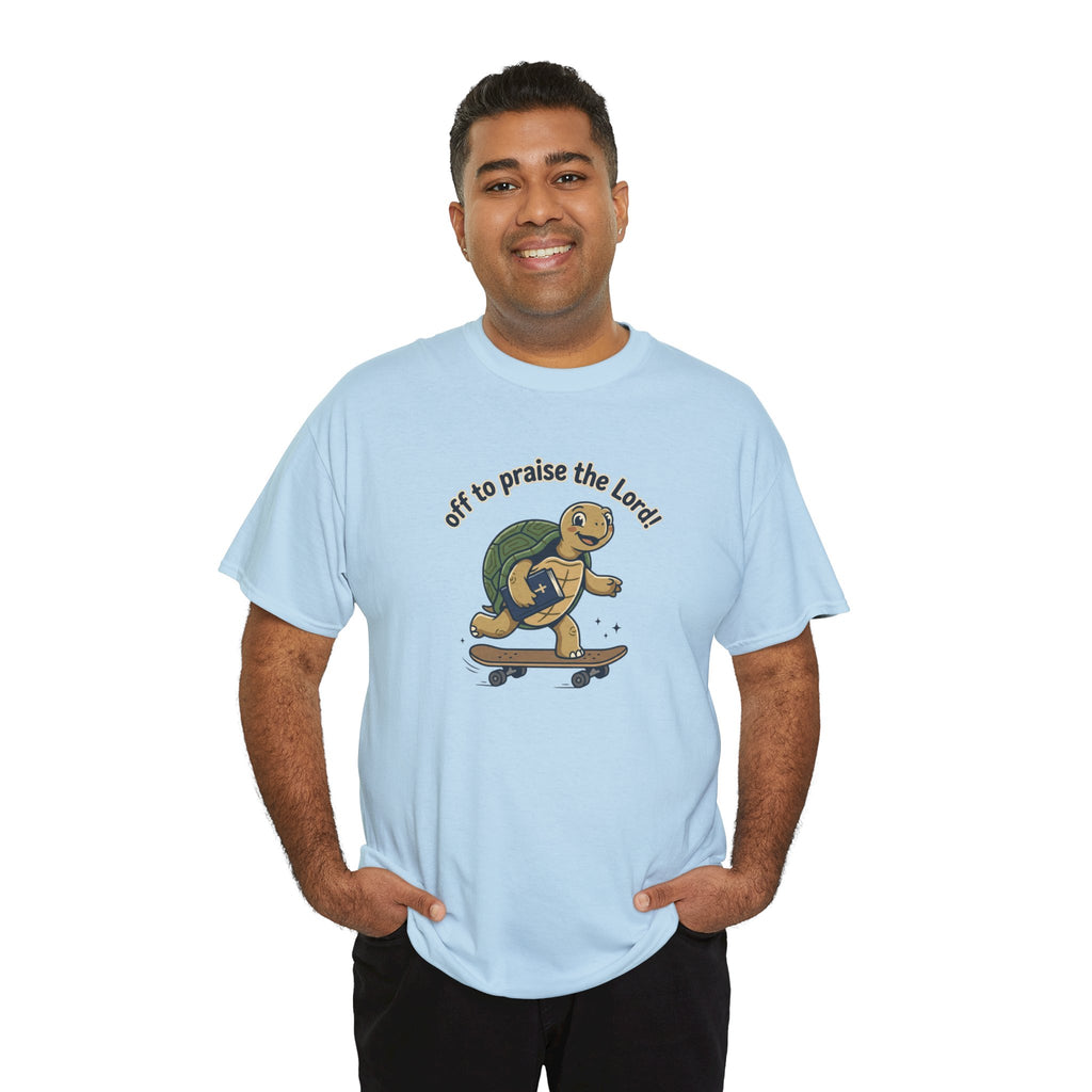 Turtle Skateboard Tee — "Off to Praise the Lord" Christian Graphic Shirt