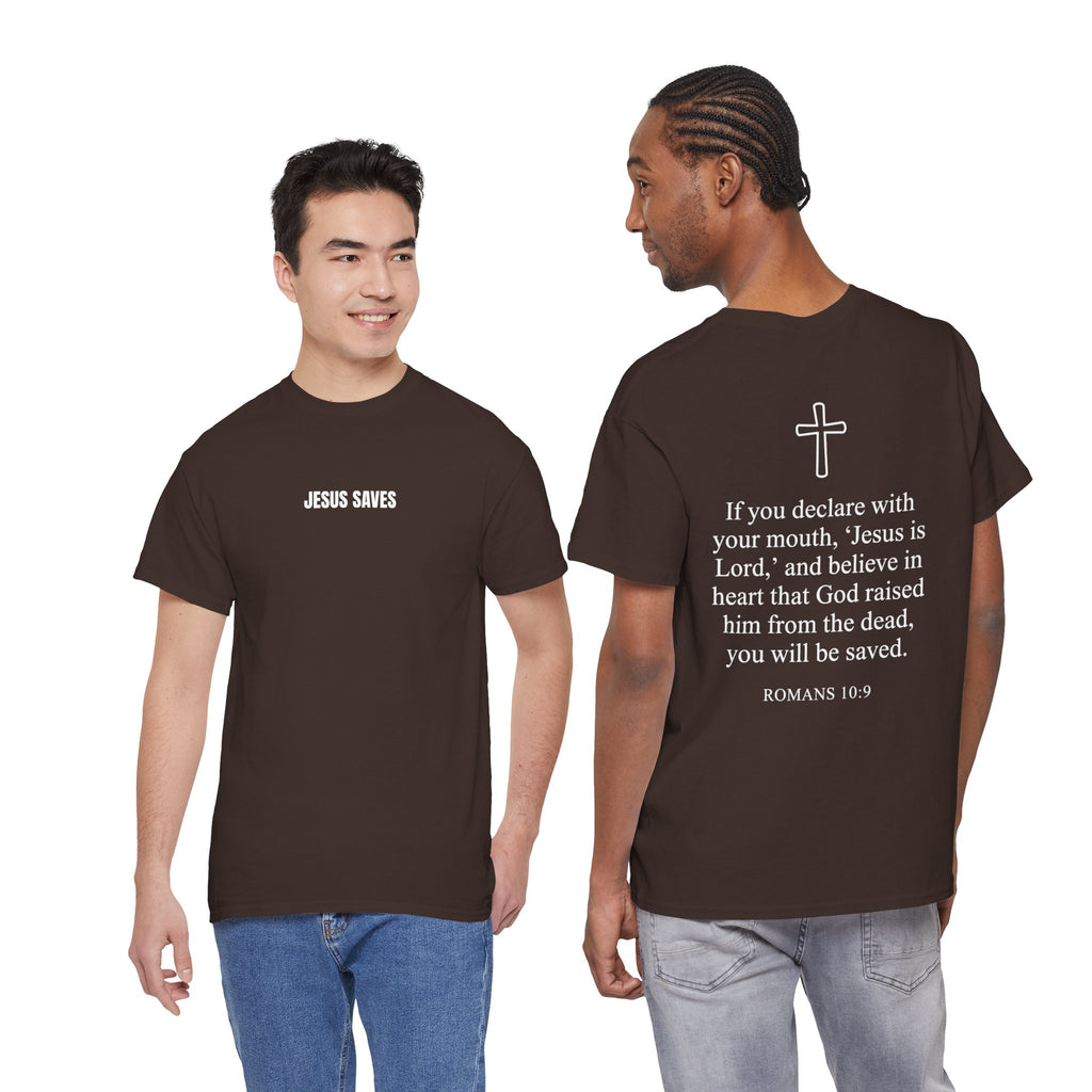 Christian T-Shirt — "Jesus Saves" Front & "Saved" Back
