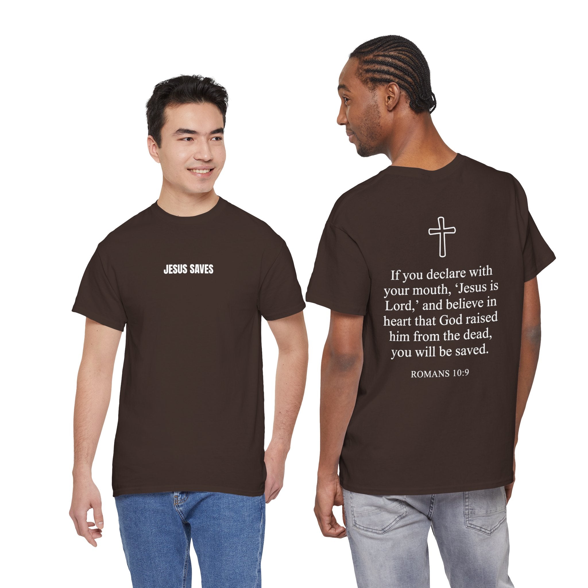 Christian T-Shirt — "Jesus Saves" Front & "Saved" Back