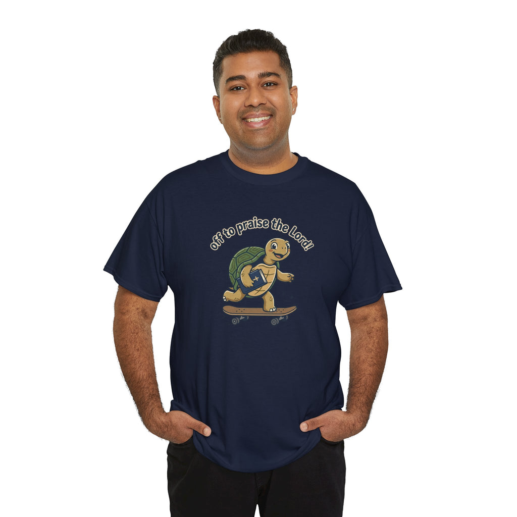 Turtle Skateboard Tee — "Off to Praise the Lord" Christian Graphic Shirt