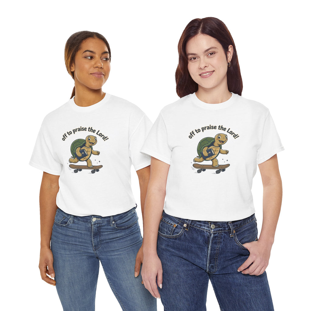 Turtle Skateboard Tee — "Off to Praise the Lord" Christian Graphic Shirt